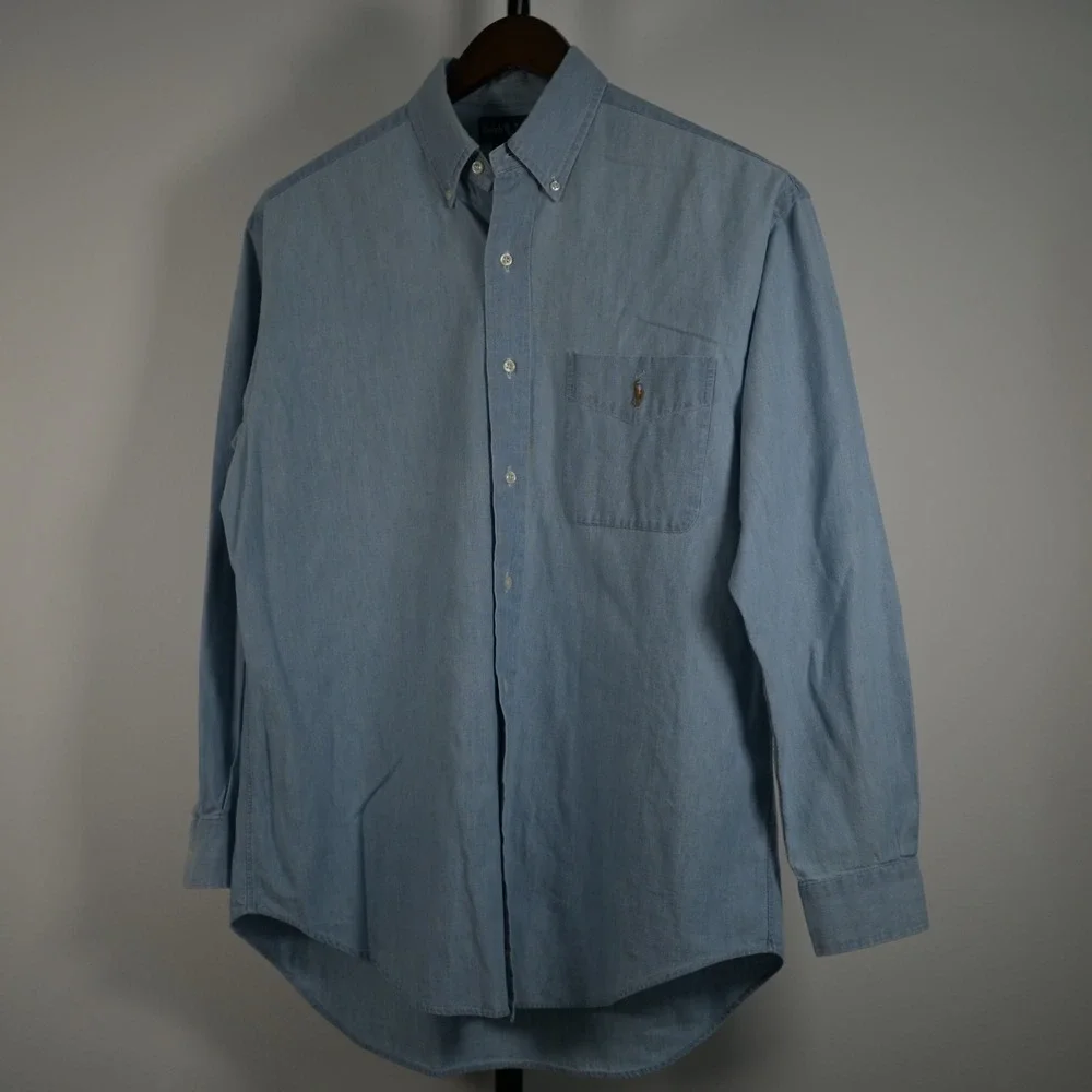 Vintage 90's Ralph Lauren Big Shirt Mens Small Blue Denim Long Sleeve Pony - Picture 3 of 7